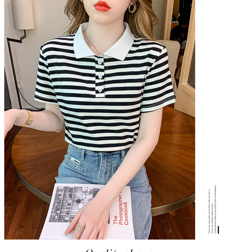 Verano coreano versión rayas mujer commuter patchwork color polo cuello manga corta camiseta mujer diseño sentido moda legging pic 32