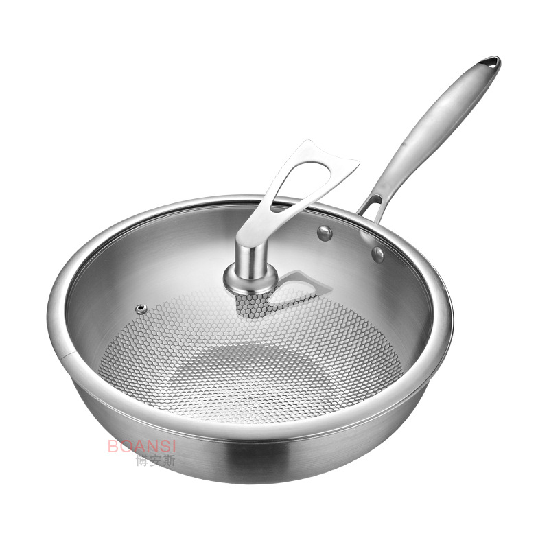 304 stainless steel wok, three-layer steel, low oil fume, no coating, flat bottom, non-stick wok, double-ear induction cooker, universal pic 18