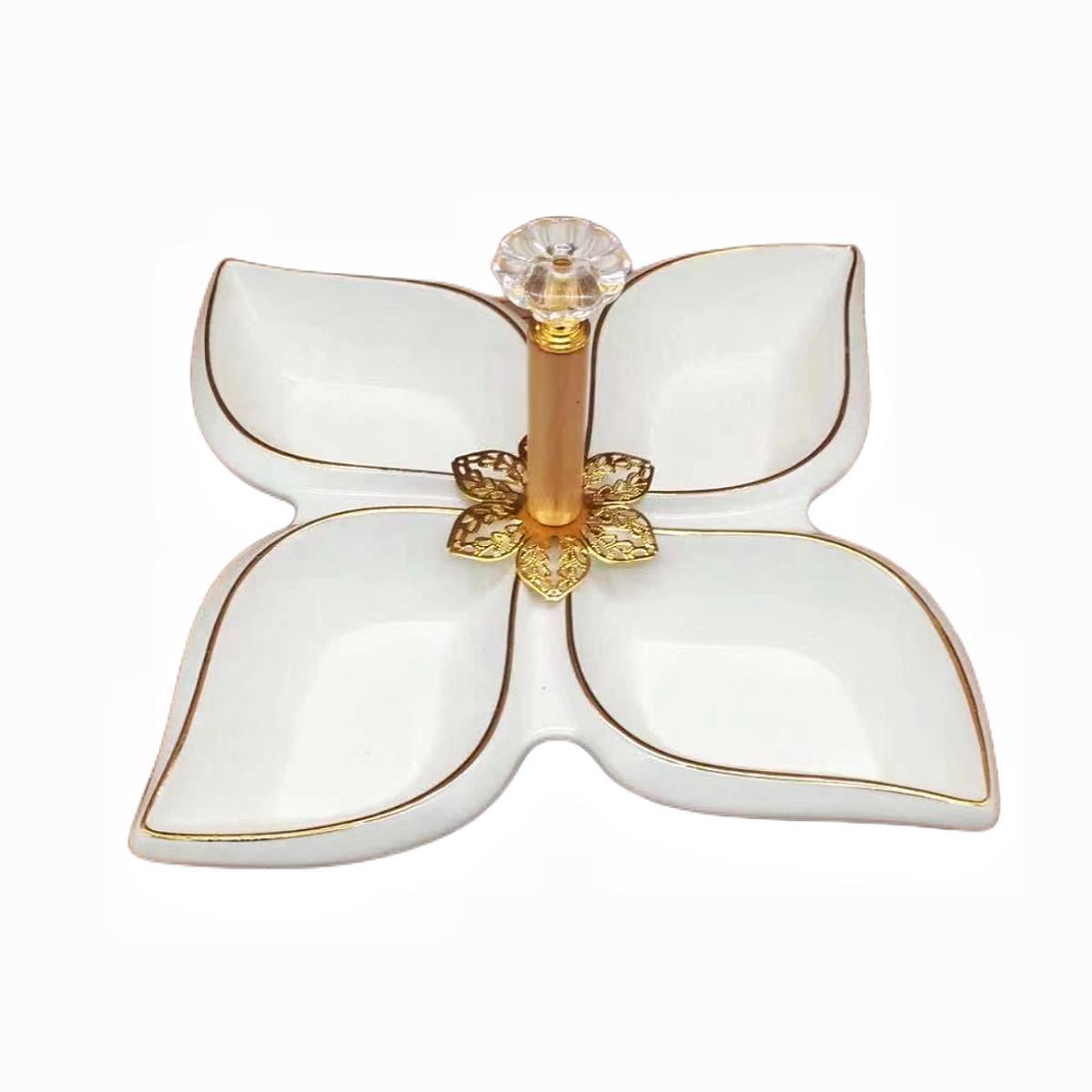A pure white petal-shaped fruit platter with electroplated gold and multiple compartments, a hand-held restaurant banquet food platter pic 23