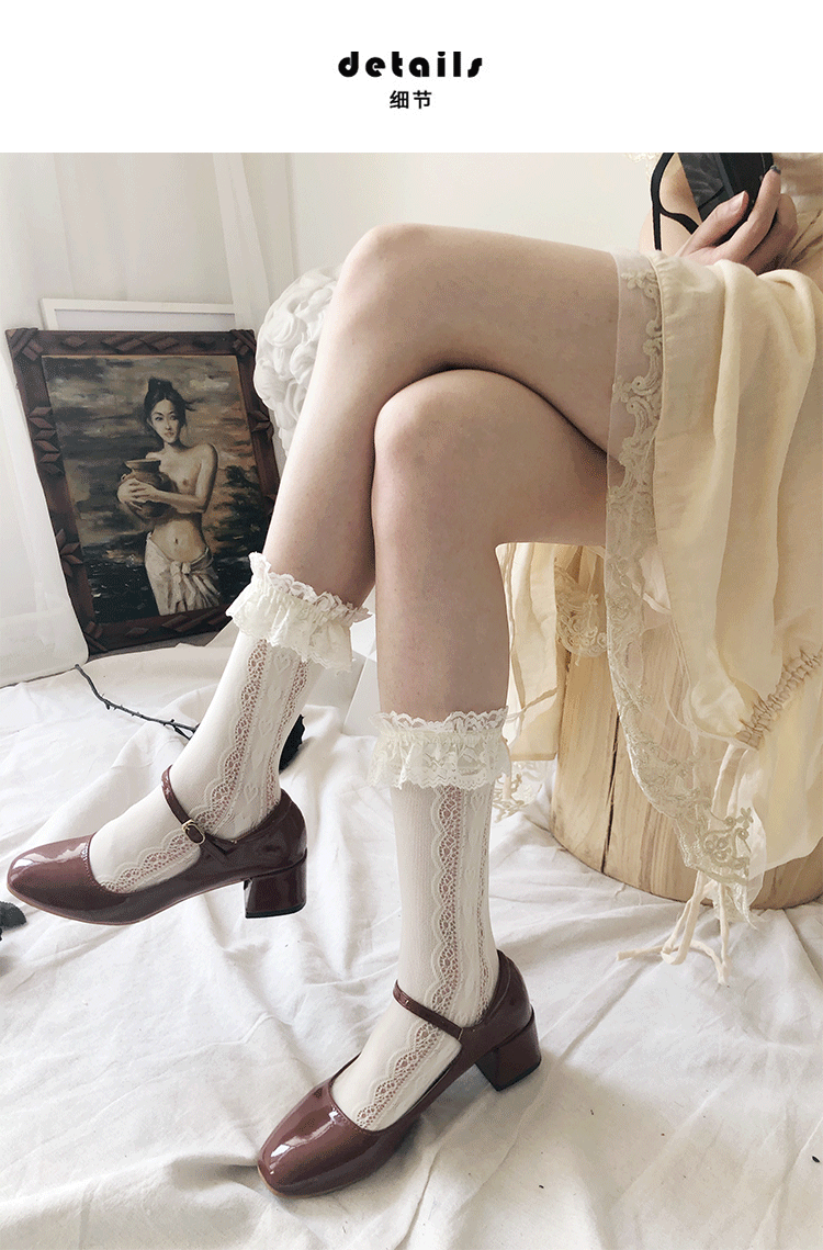 Spring and Summer new collection: French retro smoked orange heart-shaped hollowed-out lace fringed pile socks, elastic calf socks and short socks pic 4