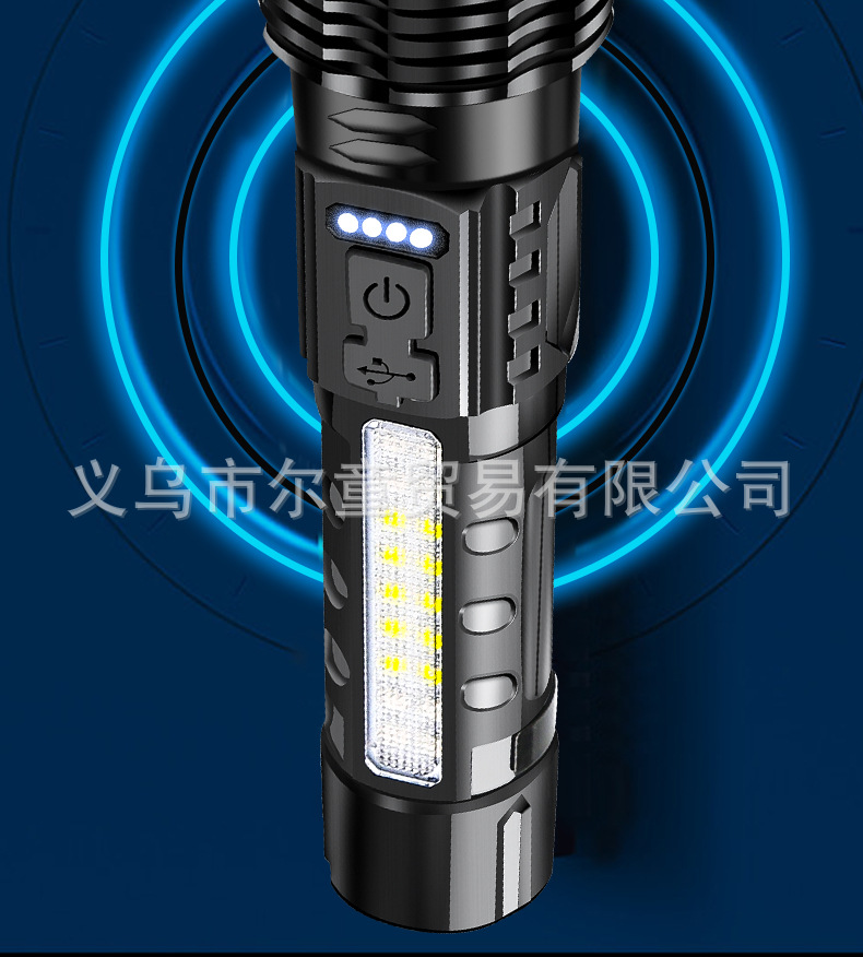 New white laser flashlight with telescopic zoom, USB charging, power display, outdoor lighting, COB side light and strong light pic 24