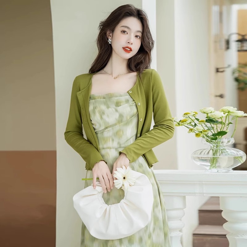 French green floral print dress for women, Summer Two-piece set 2025, versatile, super fairy-like gentle style cardigan A3118 pic 4