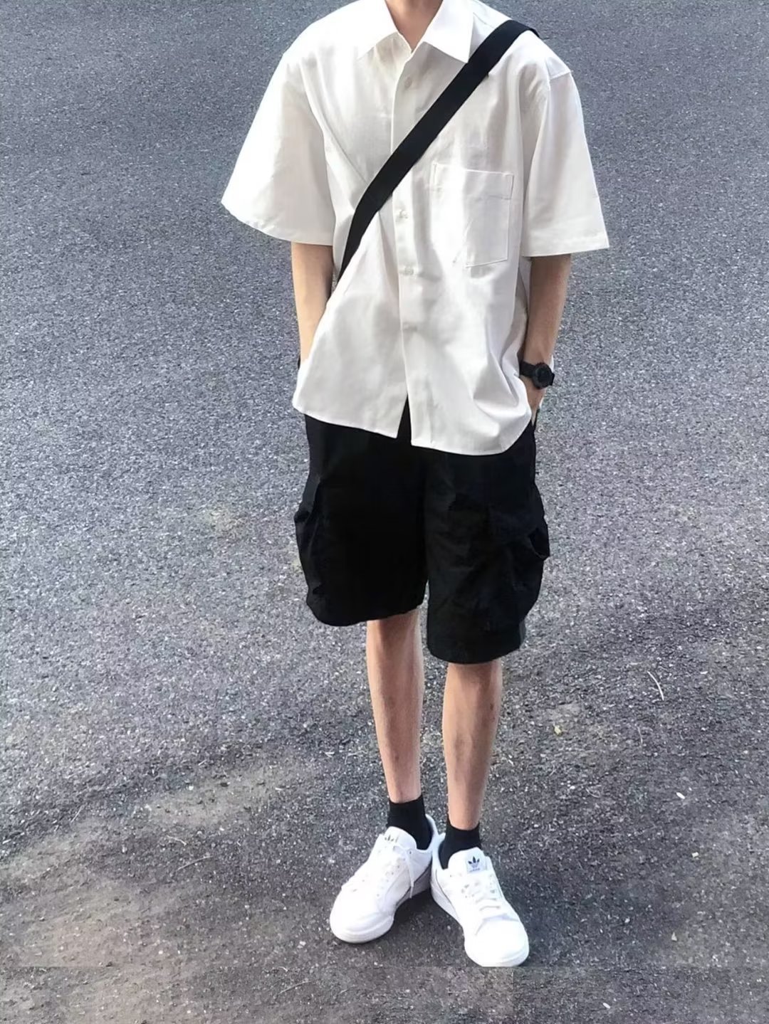 2023新款夏季痞帅宽松纯白色高级感衬衫男士短袖休闲衬衣一件代发详情17