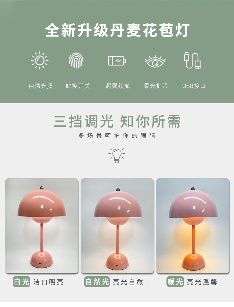 ins蘑菇花苞台灯北欧简约创意办公桌led夜灯卧室床头金属复古夜灯详情3