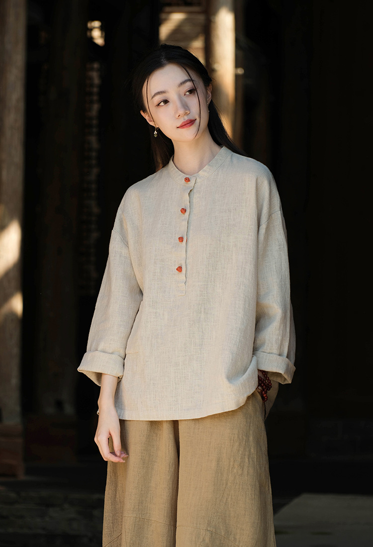 2024春夏棉麻女装新品亚麻立领拼色盘扣套头大码上衣女式棉麻衬衫详情8