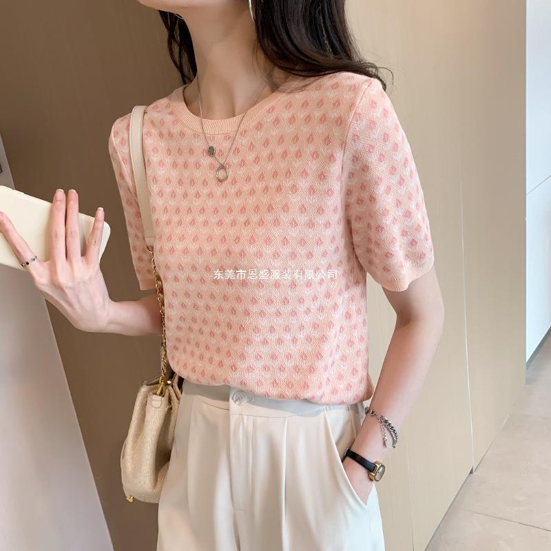 Summer 2024 new sweet ice silk knitted short-sleeved T-shirt, loose, stylish and youthful top, base layer for women pic 10