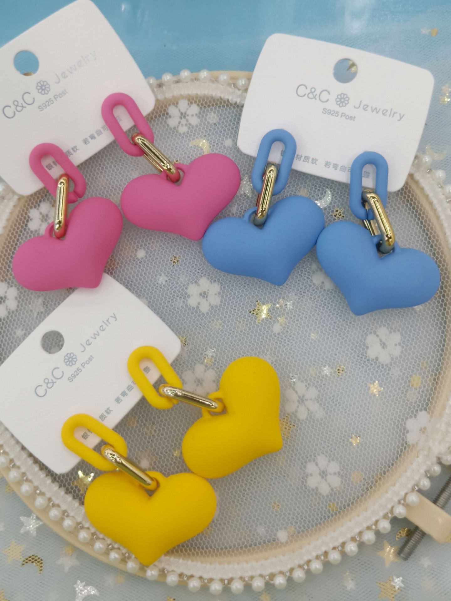 Серебряная игла 925 серебряная игла винтажной гавани, сладкий акриловый розовый цвет сердца, серьга из персикового сердца pic 3