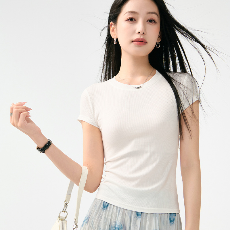 韩版简约针织短袖T恤女夏季新款小众设计感修身百搭圆领纯色上衣详情3