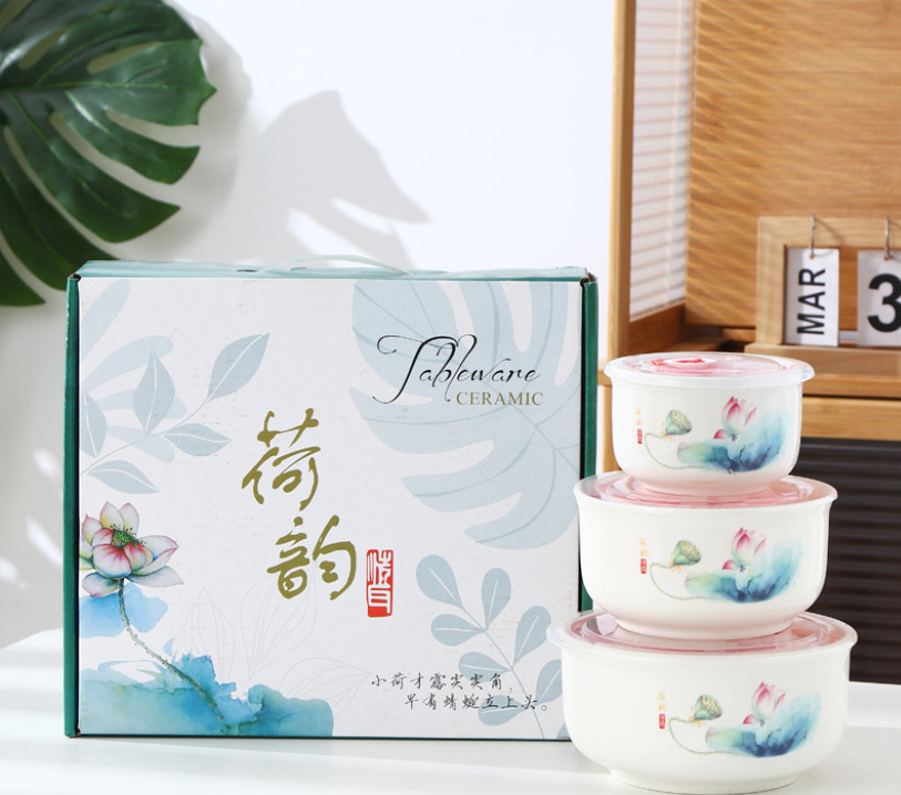 Three-piece ceramic fresh-keeping bowl set pic 3