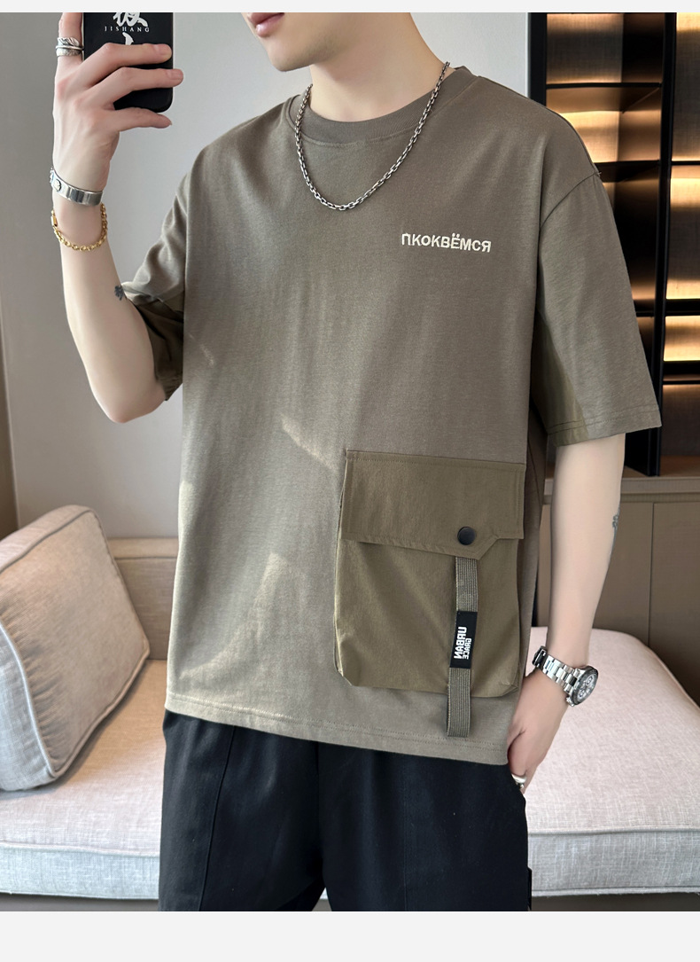 2024 Summer new short-sleeved T-shirt, thin, simple pocket, round neck, fashionable and trendy brand clothing, cool loose top pic 19