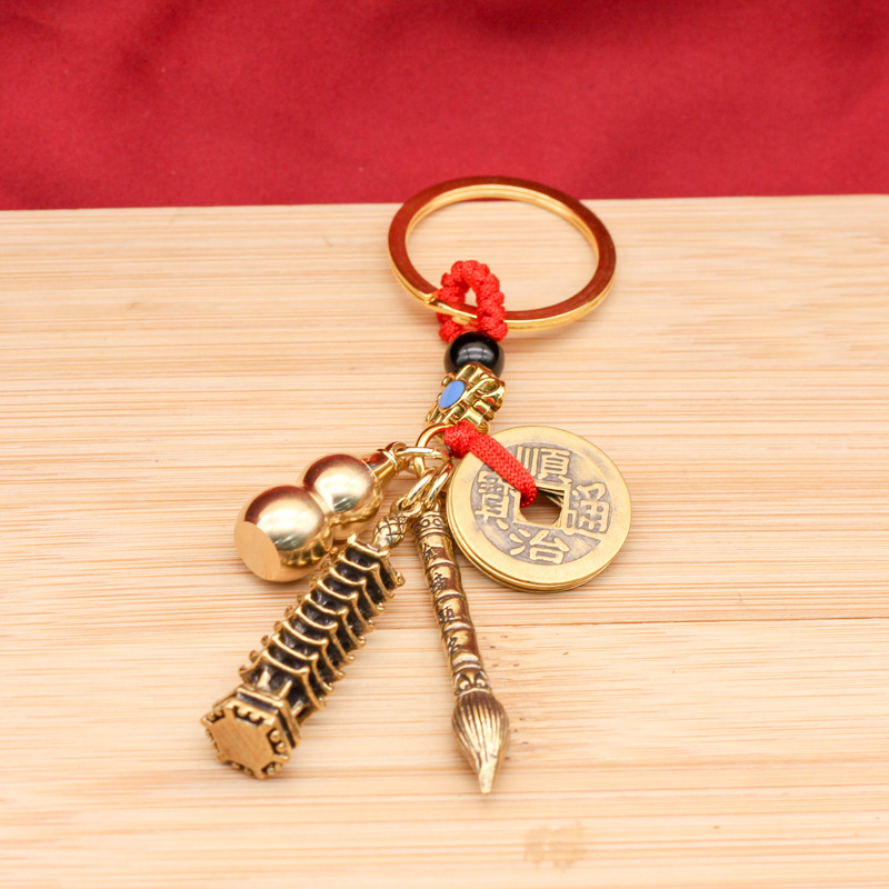 Pure brass Five Emperors Coin keychain pendant, Golden list success, Wenchang pen, retro style nine-story Wenchang Pagoda pendant wholesale pic 3