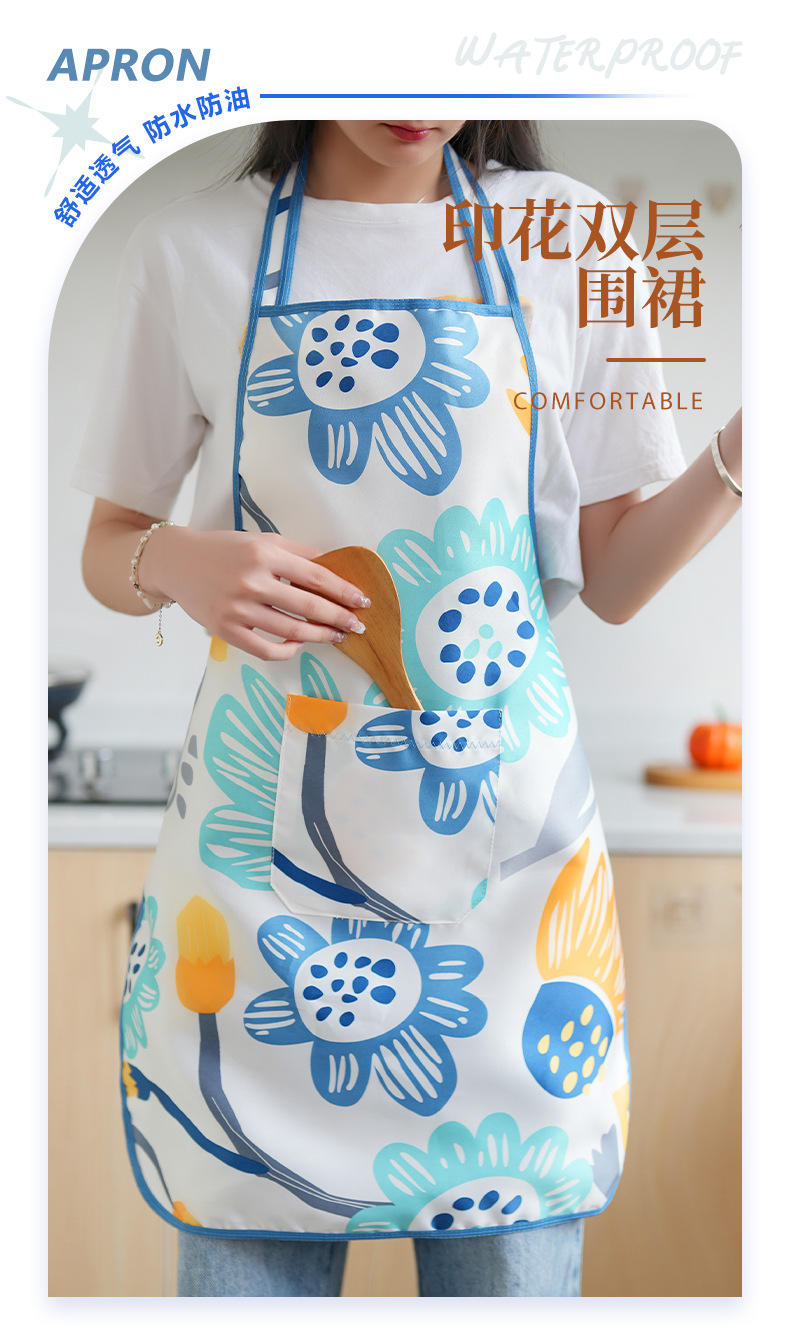 厂家批发厨房工厂实用双层印花防水防油防污围裙轻薄型款涤纶围裙详情1