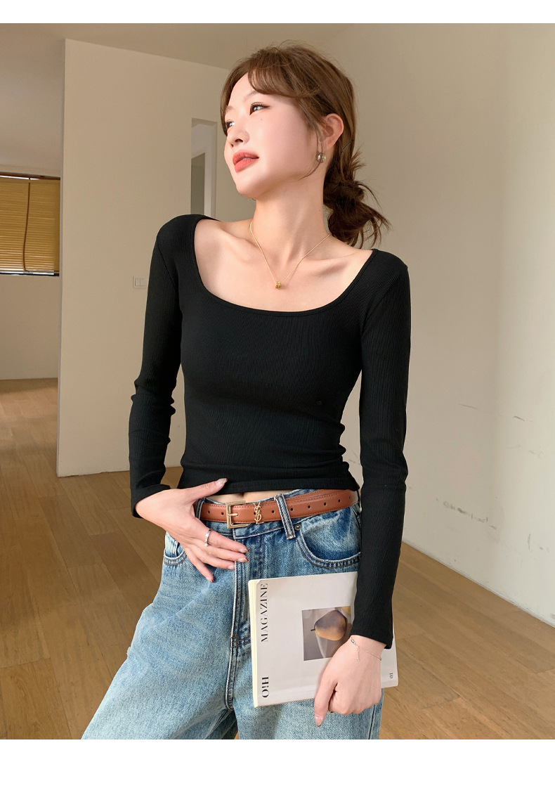 H869 Threaded large U-neck long-sleeved top for women, Spring style slim T-shirt, light, warm, simple and casual base layer new style pic 28