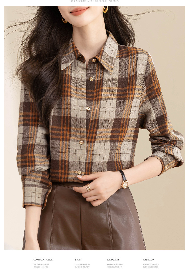 复古格子衬衫女长袖秋冬装新款中长款宽松上衣设计感小众磨毛衬衣详情16