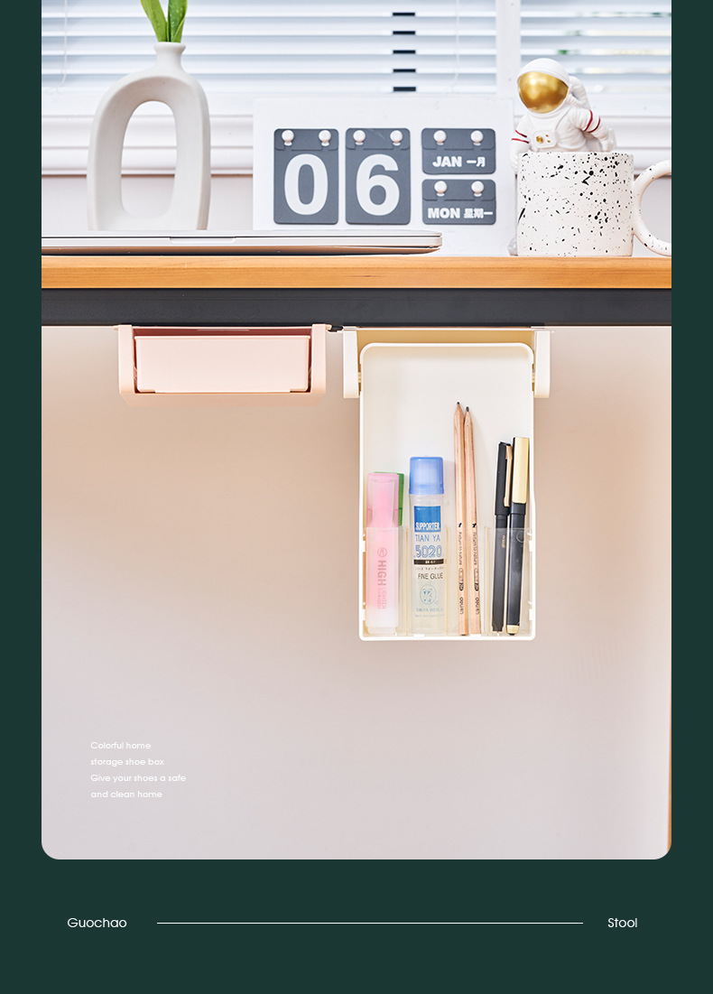 A solid-color hidden adjustable small drawer storage box with no holes or marks under the desk in the office dormitory pic 9