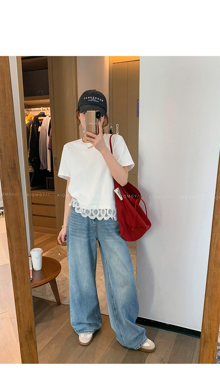 A new loose top for women in the summer of 2025, featuring a white round-neck short-sleeved lace trim patchwork T-shirt pic 7