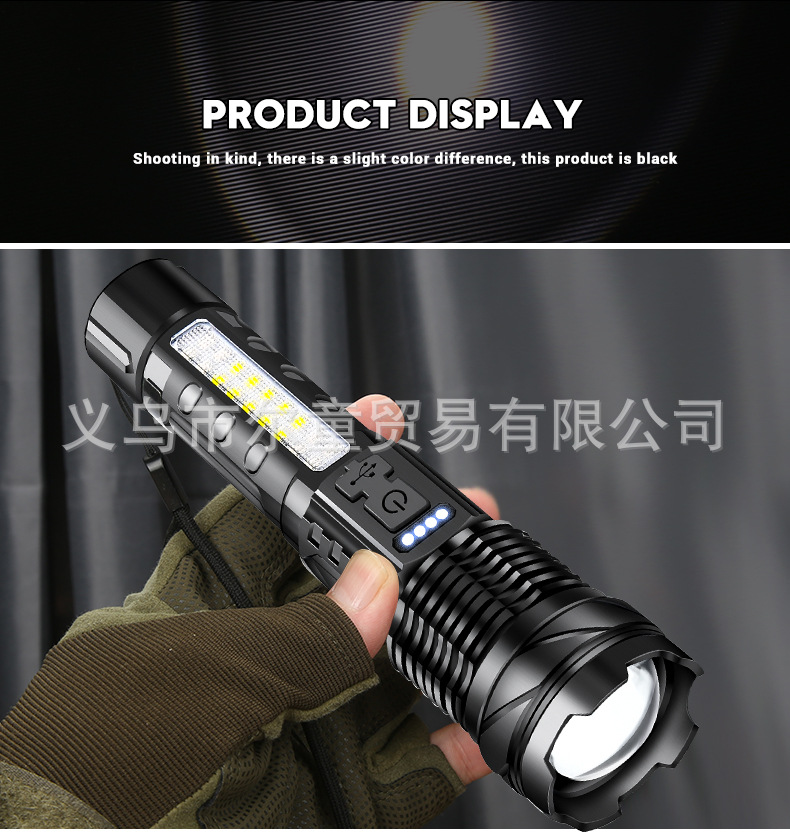 New white laser flashlight with telescopic zoom, USB charging, power display, outdoor lighting, COB side light and strong light pic 25