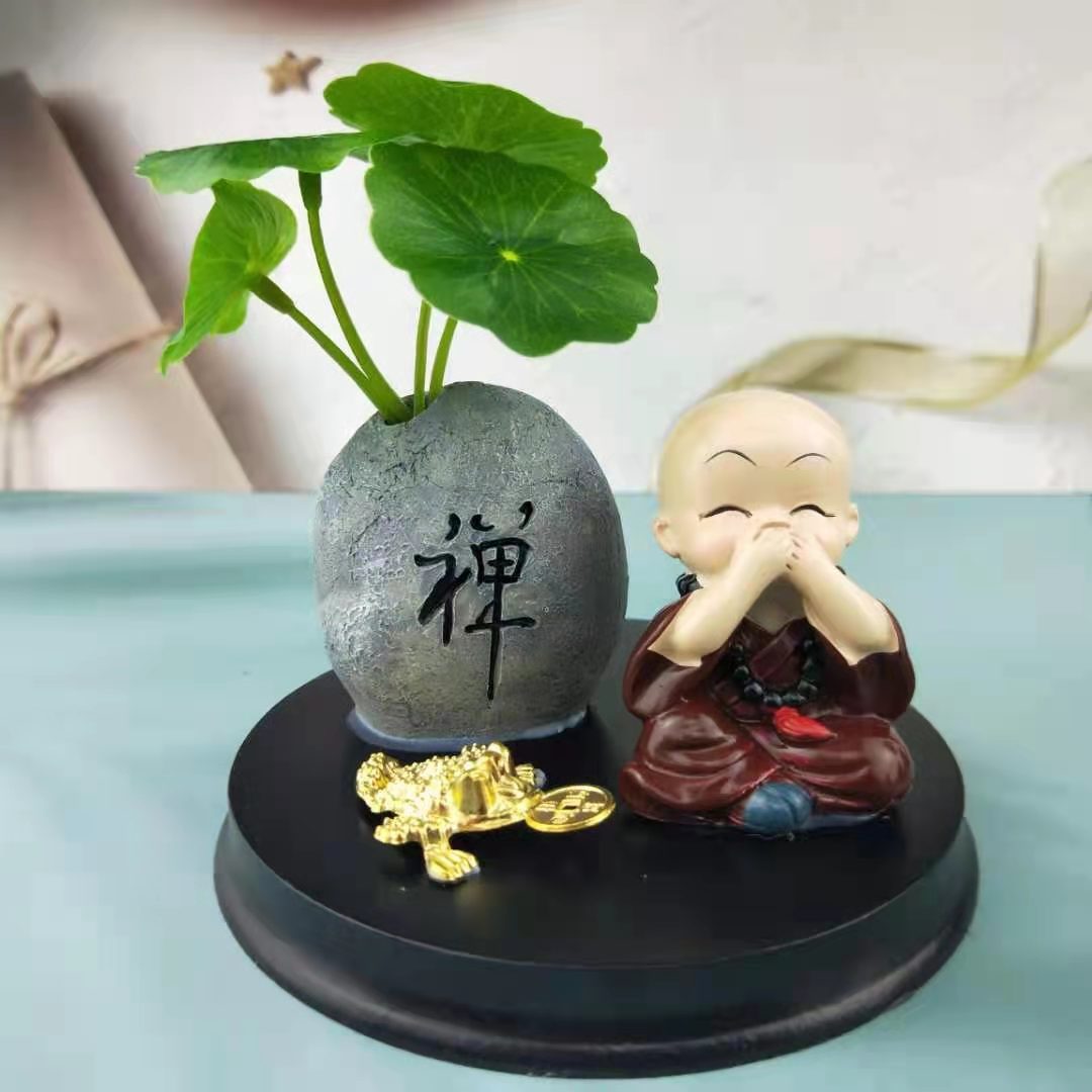 汽车小摆件禅意古风荷叶仿真绿植铜钱草佛珠小和尚车载中控台装饰详情13