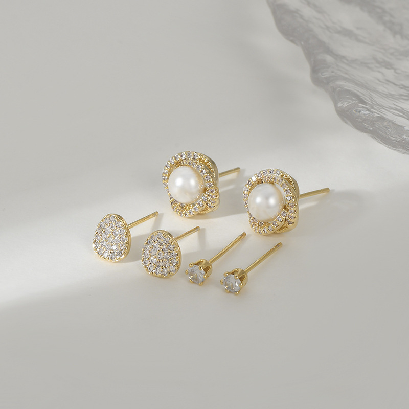 S925银针微镶锆石一卡三对套装耳钉女睡觉不用摘珍珠花瓣耳饰批发详情6