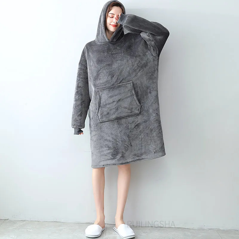 Ropa perezosa albornoz color sólido tallas grandes sudaderas pareja engrosada ropa de frío calor ropa de dormir exterior con capucha ropa de hogar pic 3