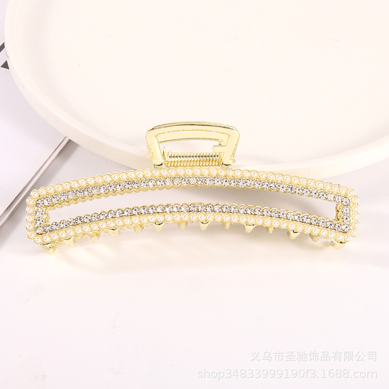 新款金属滴油珍珠水钻发夹流行简约女式发抓网红鲨鱼夹发卡大抓夹详情10