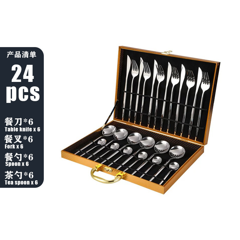跨境热销葡萄牙不锈钢刀叉24件套餐具套装礼盒装镀钛金色西餐勺子详情16