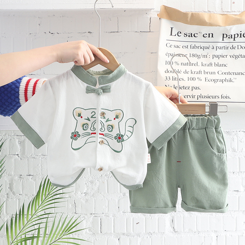 Niño chino estilo han bebé algodón lino manga corta ropa de estilo nacional para niños moda nacional para niños año del tigre conjunto de dos piezas pic 5