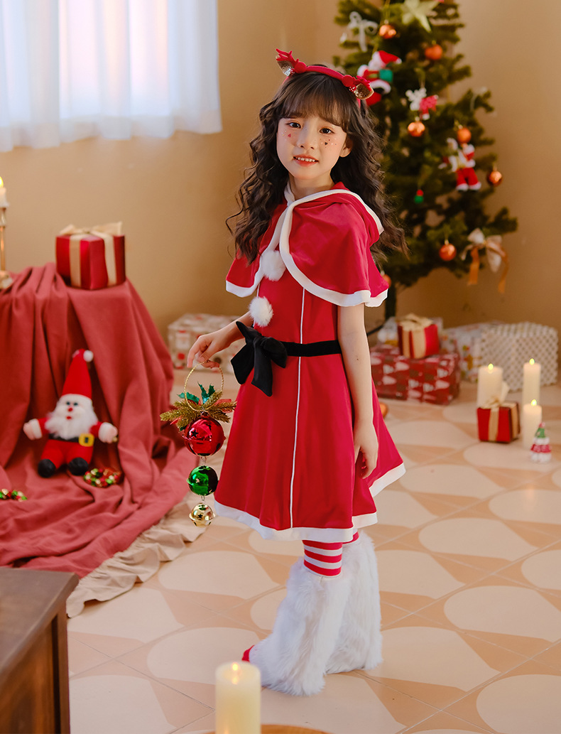 圣诞节儿童服装女童披肩斗篷连衣裙红色裙子派对装扮服饰圣诞老人详情21