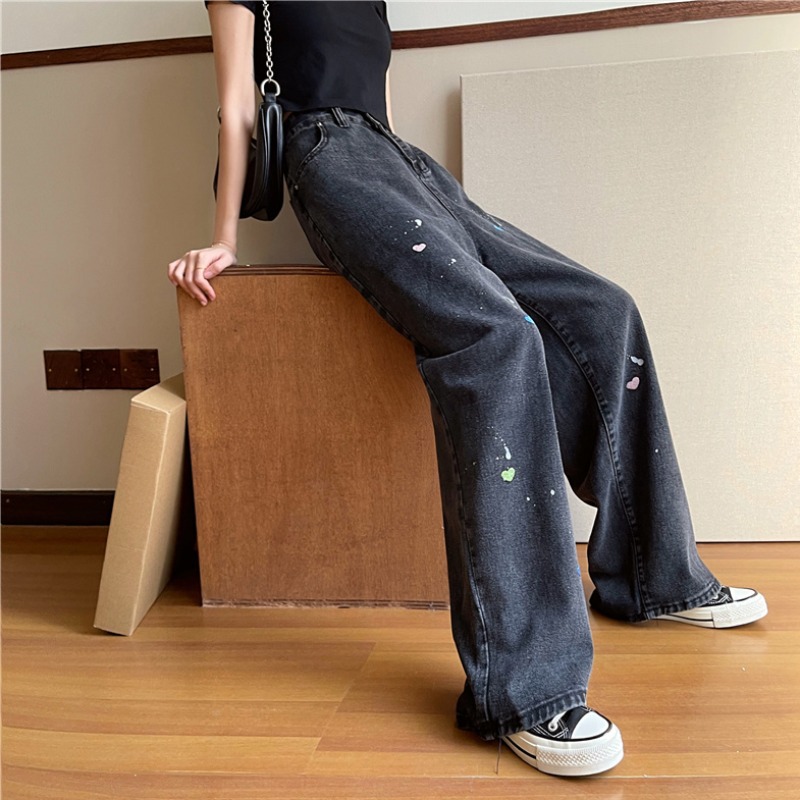 The new Korean style high-waisted straight-leg loose, slimming, wide-leg black floor-length jeans for women in spring and summer are trendy pic 18