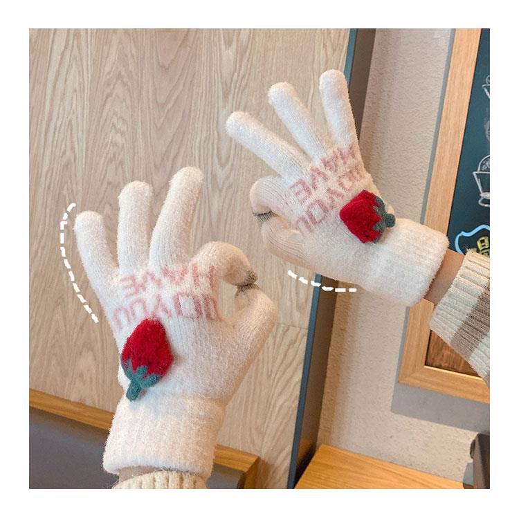 Sweet strawberry couple gloves in Japanese and Korean style, ins style plush touch screen knitted warm gloves with fleece finger separation gloves pic 1
