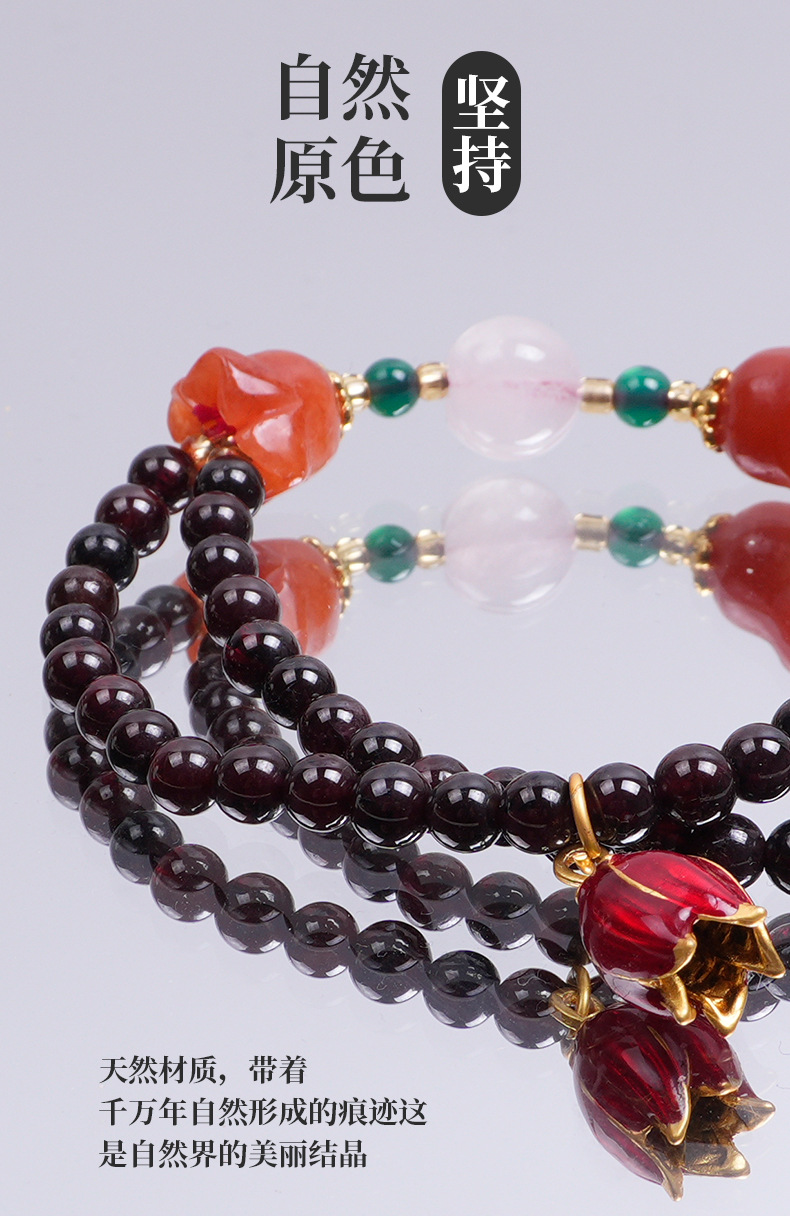 彩色醒狮铃铛莲花手串玉石带玛瑙莲花吊坠手链双层串珠弹力手链女详情3
