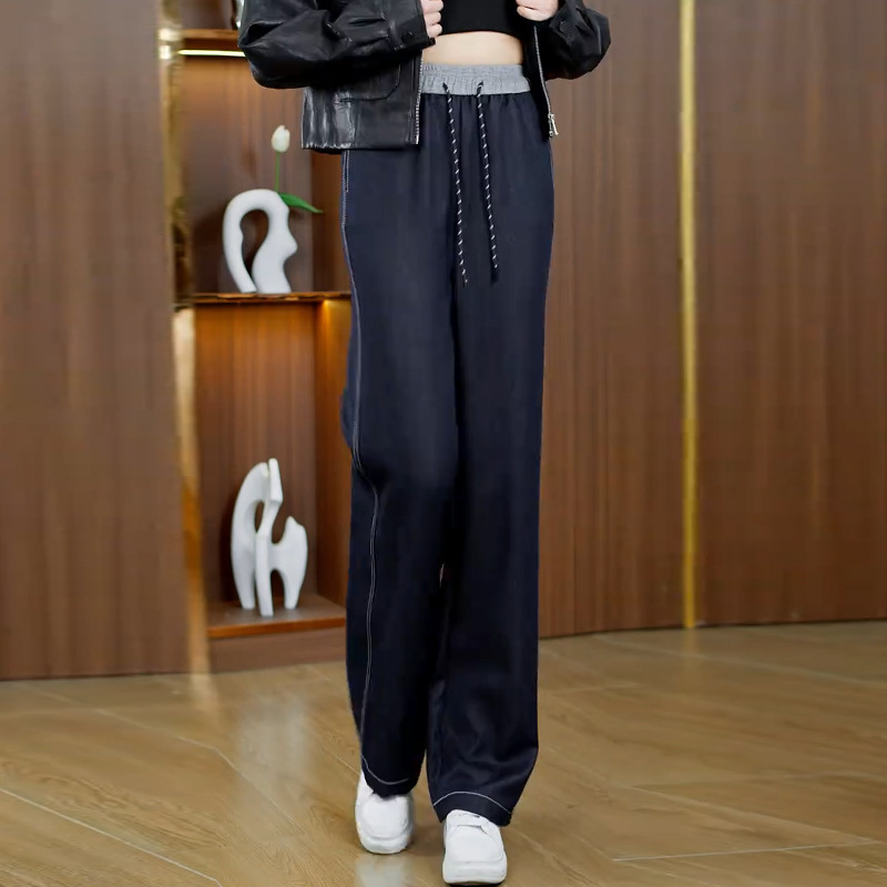 丹宁蓝窄版牛仔裤女2025春季新款松紧高腰百搭显瘦垂感直筒阔腿裤详情2
