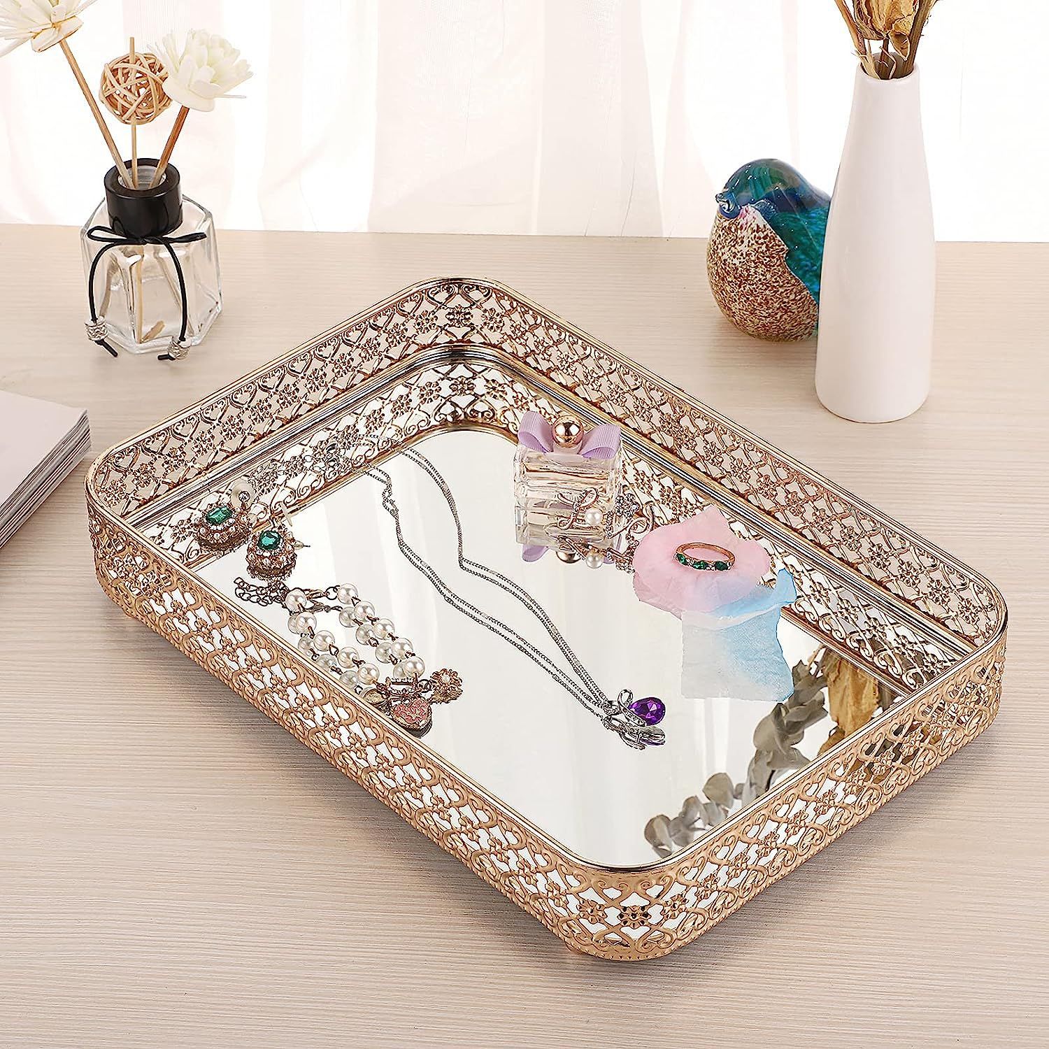 香水镜子托盘化妆梳妆台托盘空心雕刻珠宝饰品存储整理器装饰托盘详情12