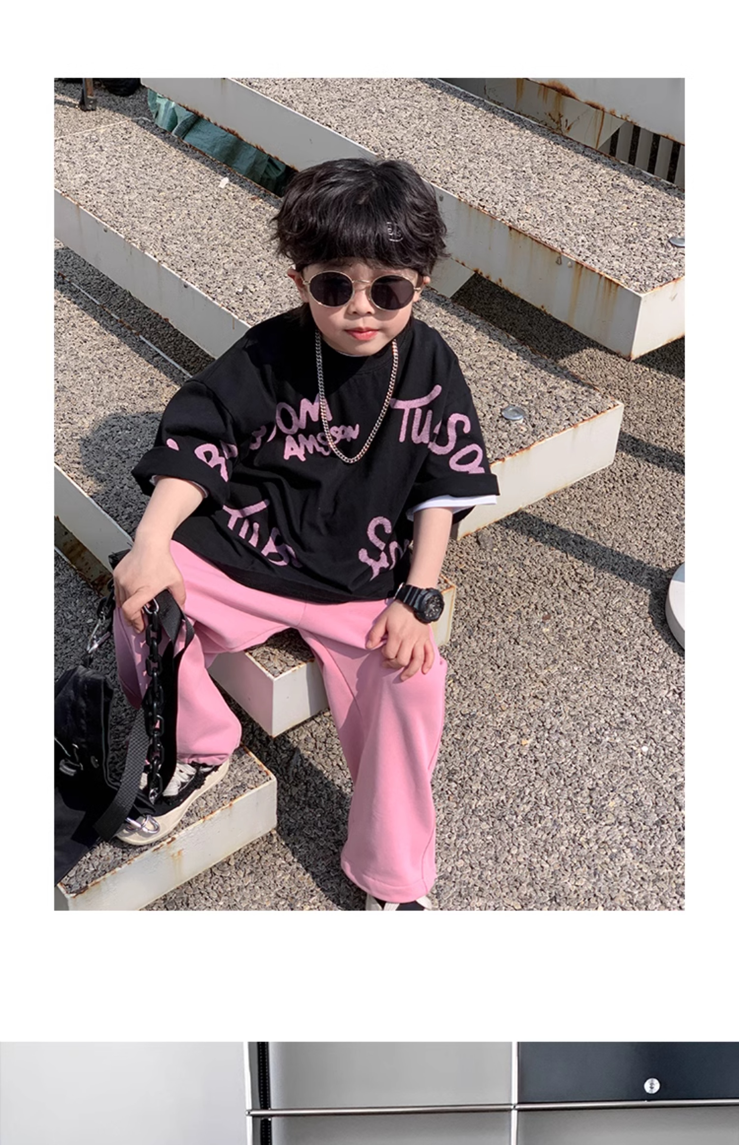 小小郑童装儿童夏装中大童痞帅棉粉黑字母男童短袖t恤2024新款详情19