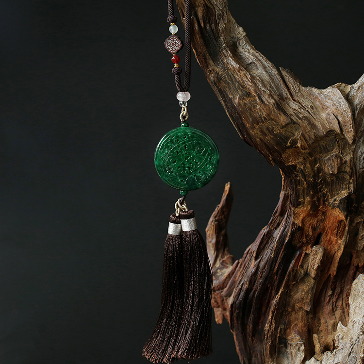 Natural jade dry green round plate, hollowed-out ruyi tassel, car, bag, key, ancient and traditional Chinese style waist accessories, Hanfu pic 3
