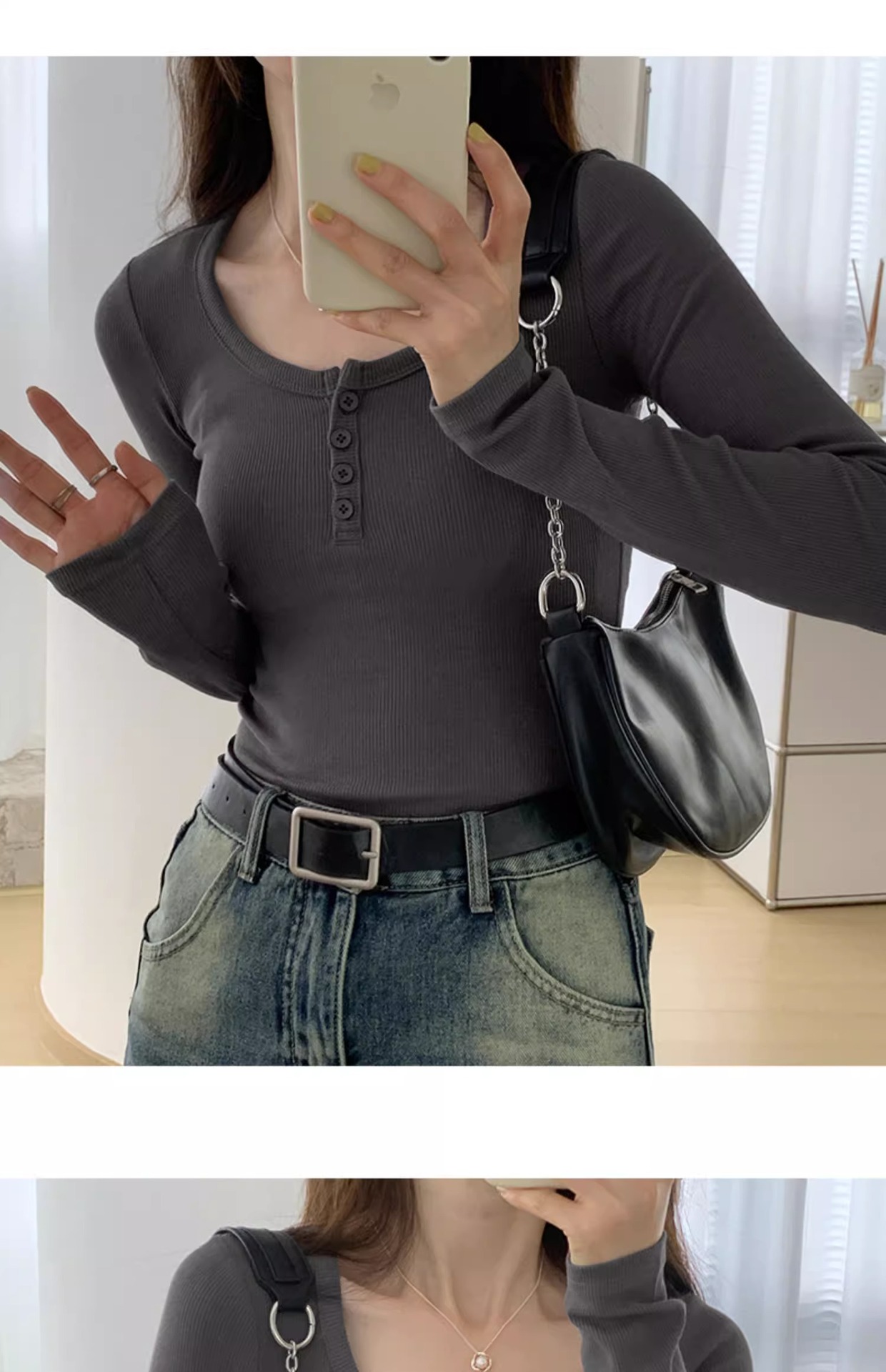 白色长袖t恤女2023秋装新款女装内搭上衣正肩体恤螺纹V领打底衫详情15