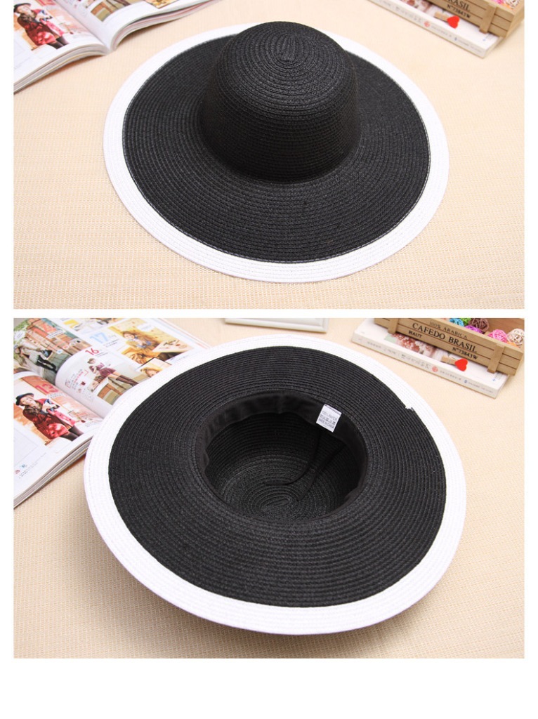 Black and white striped folding summer wide-brimmed sun hat for women, sun-protective beach straw woven hat pic 8