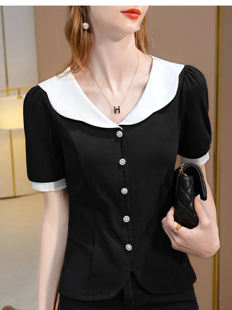 短袖t恤女2022新款女装时尚撞色v领棉体恤减龄娃娃领收腰扣子上衣详情4