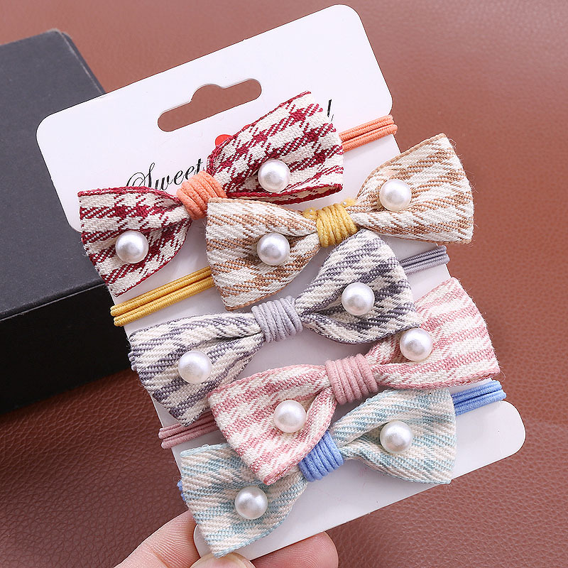 Korean-style pearl fabric checkered bow hair band leather band fresh leather band macaron fresh hair band head accessory pic 1