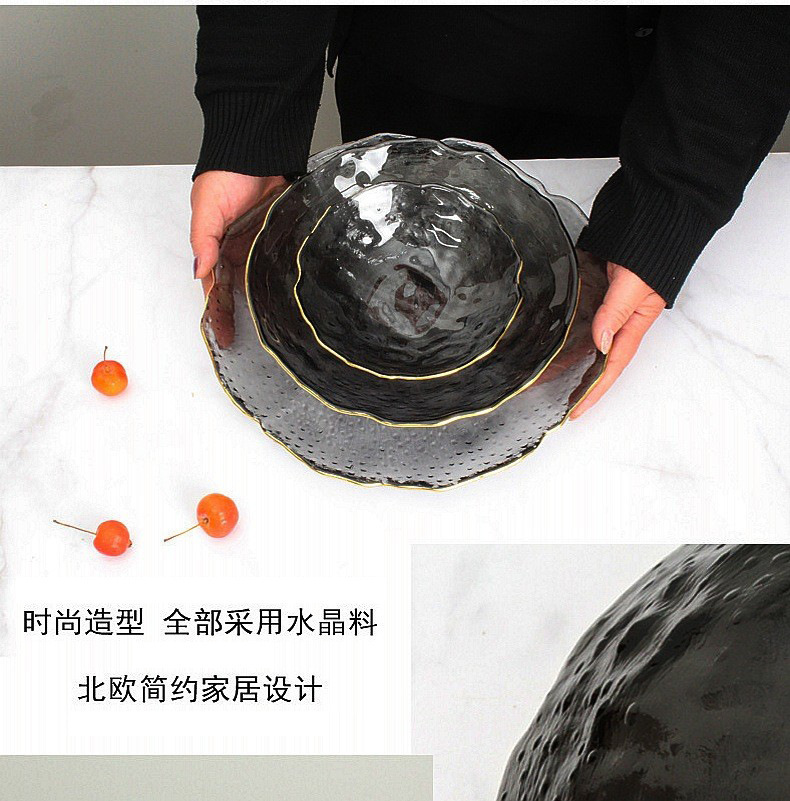 创意日式不规则锤纹玻璃盘金边手绘透明西餐盘水果盘子沙拉碗餐具详情9