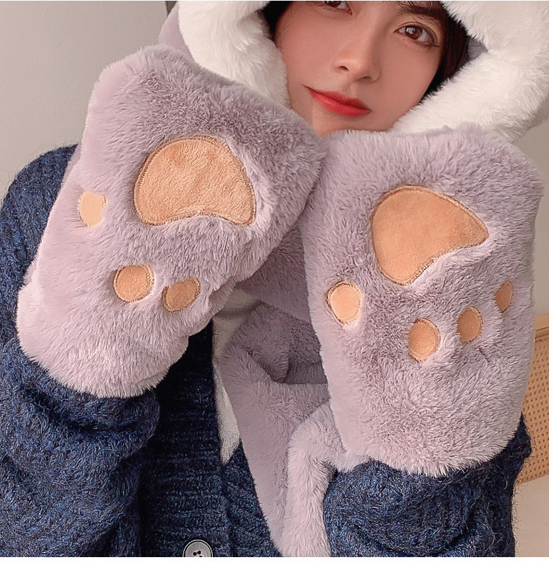 Otoño-invierno nuevo gato orejas lentejuelas peluche gorro más peludo y engrosado al aire libre caliente pie pie multifuncional conjunto de tres piezas pic 8