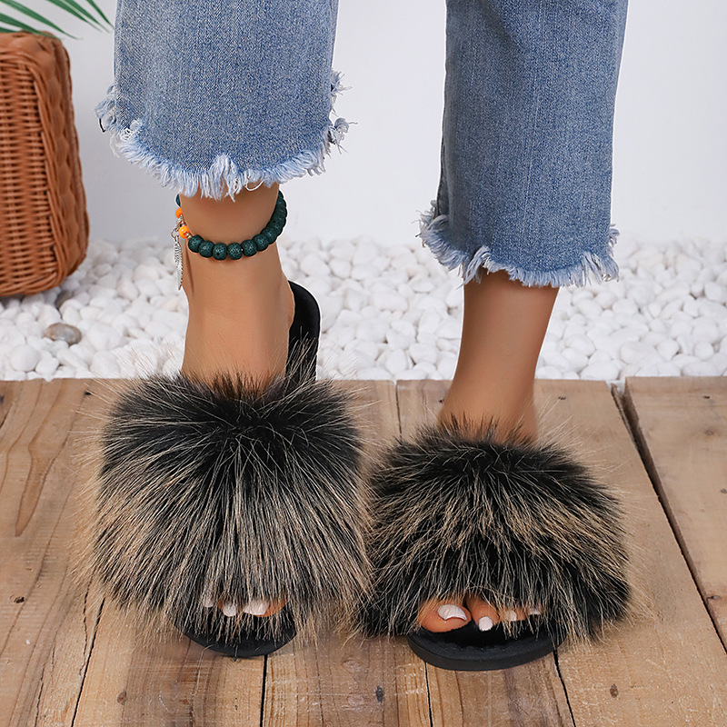 2024新款长毛绒拼色平底毛毛拖鞋女秋冬居家室内地板拖外贸一字拖详情35