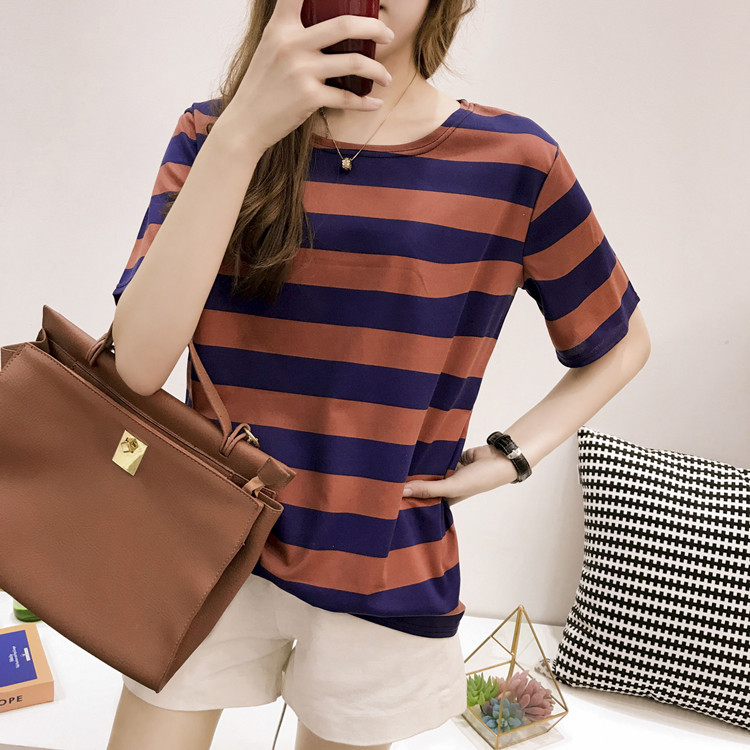 批发2022夏季新款韩版条纹短袖t恤女士宽松衣服上衣女装一件代发详情14