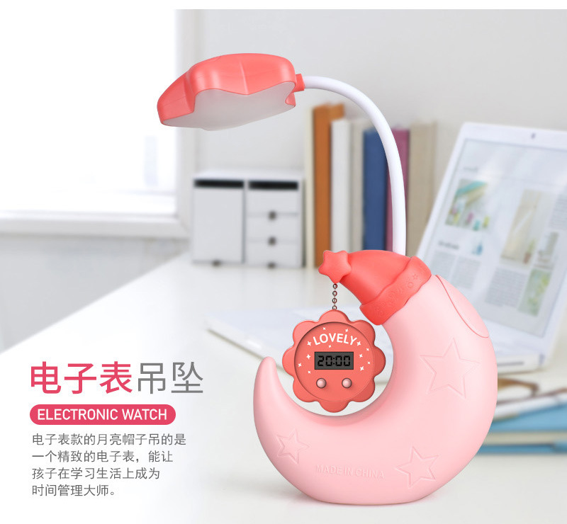 New cartoon moon LED pen holder desk lamp with clock, mirror, pencil sharpener, student charging, night light and logo printing pic 3