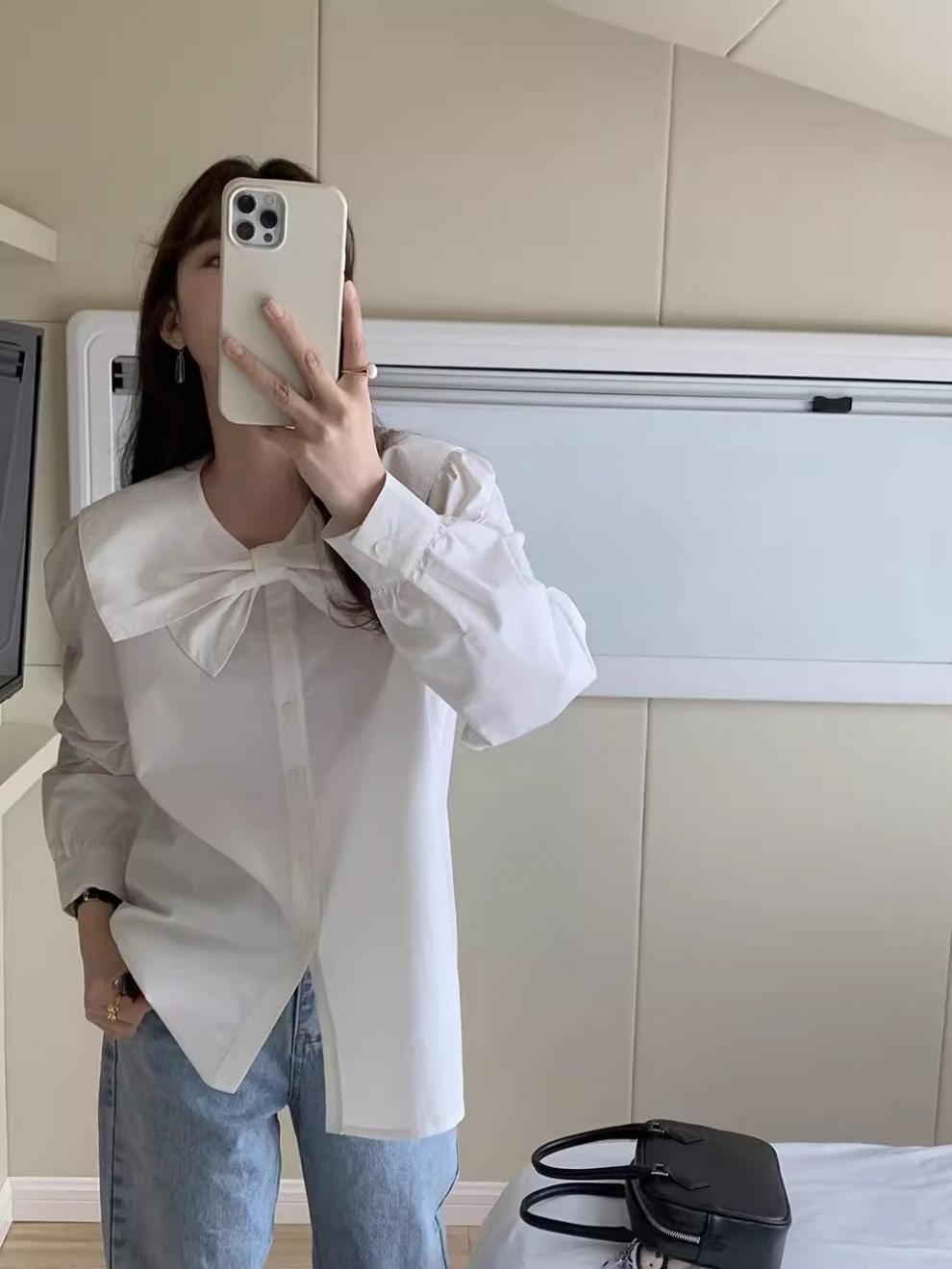 韩系设计感小众蝴蝶结娃娃领白色衬衫女2024春秋新款内搭别致上衣详情1