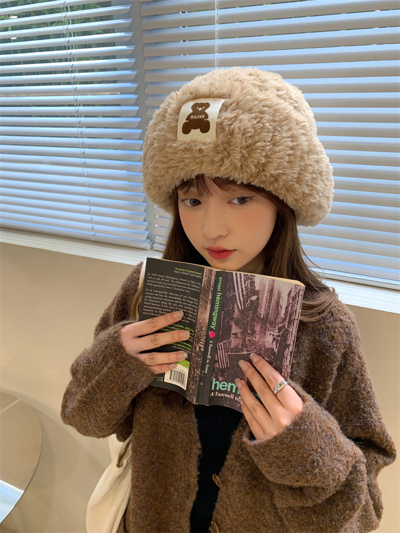 Sheepskin fleece headwear and ear-protecting hat, big head collar to show off face, little Northeast Mongolian cold-proof knitted hat, cute little bear pic 3