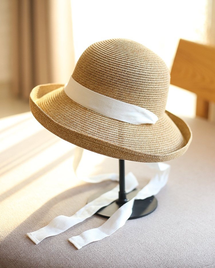 日本纸草卷边可折叠飘带丝带渔夫帽遮阳帽防晒沙滩帽女海边草帽详情7