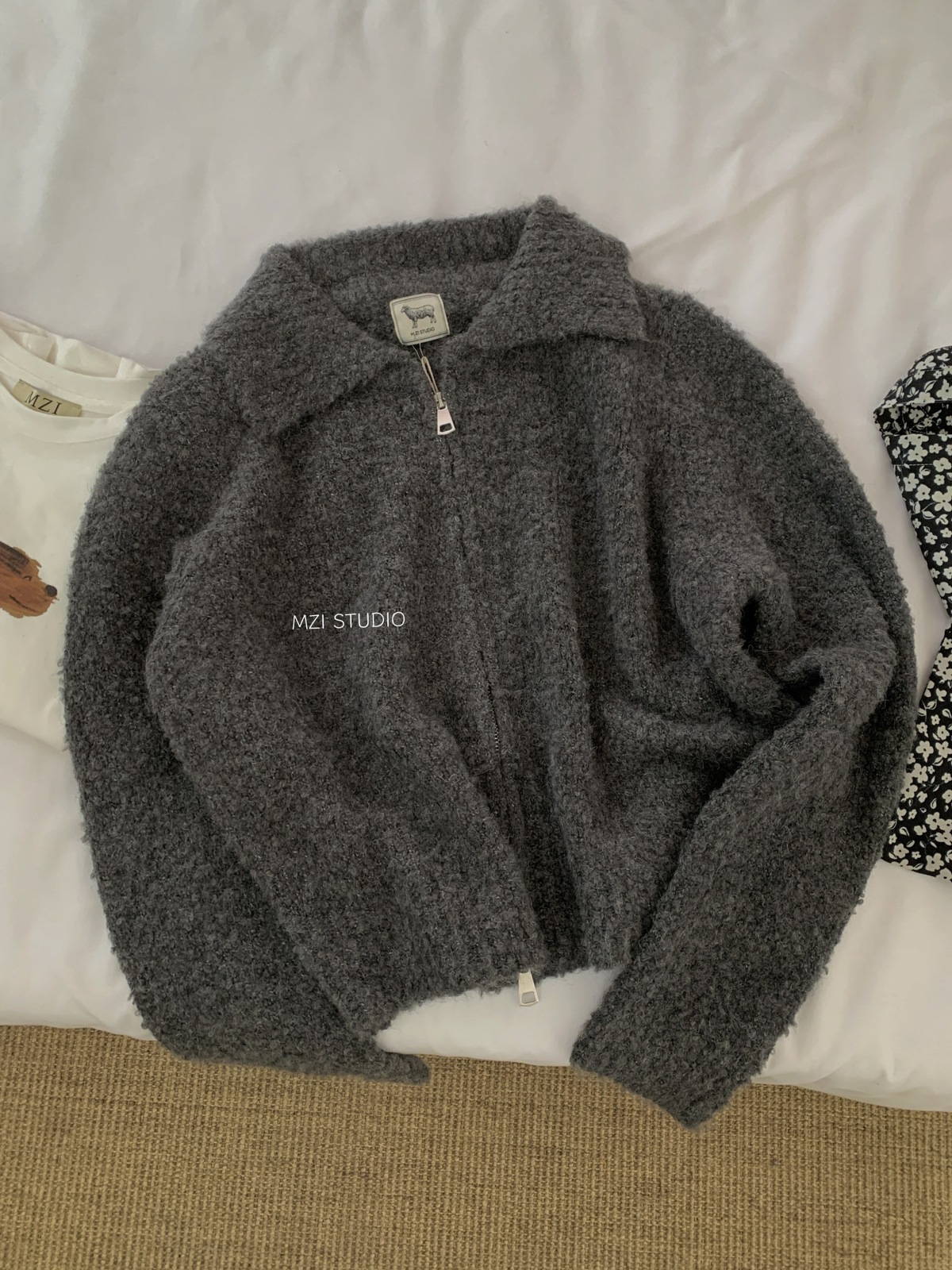 M.ZI秋冬韩系减龄羊毛混纺针织开衫慵懒风休闲宽松拉链毛衣外套女详情19