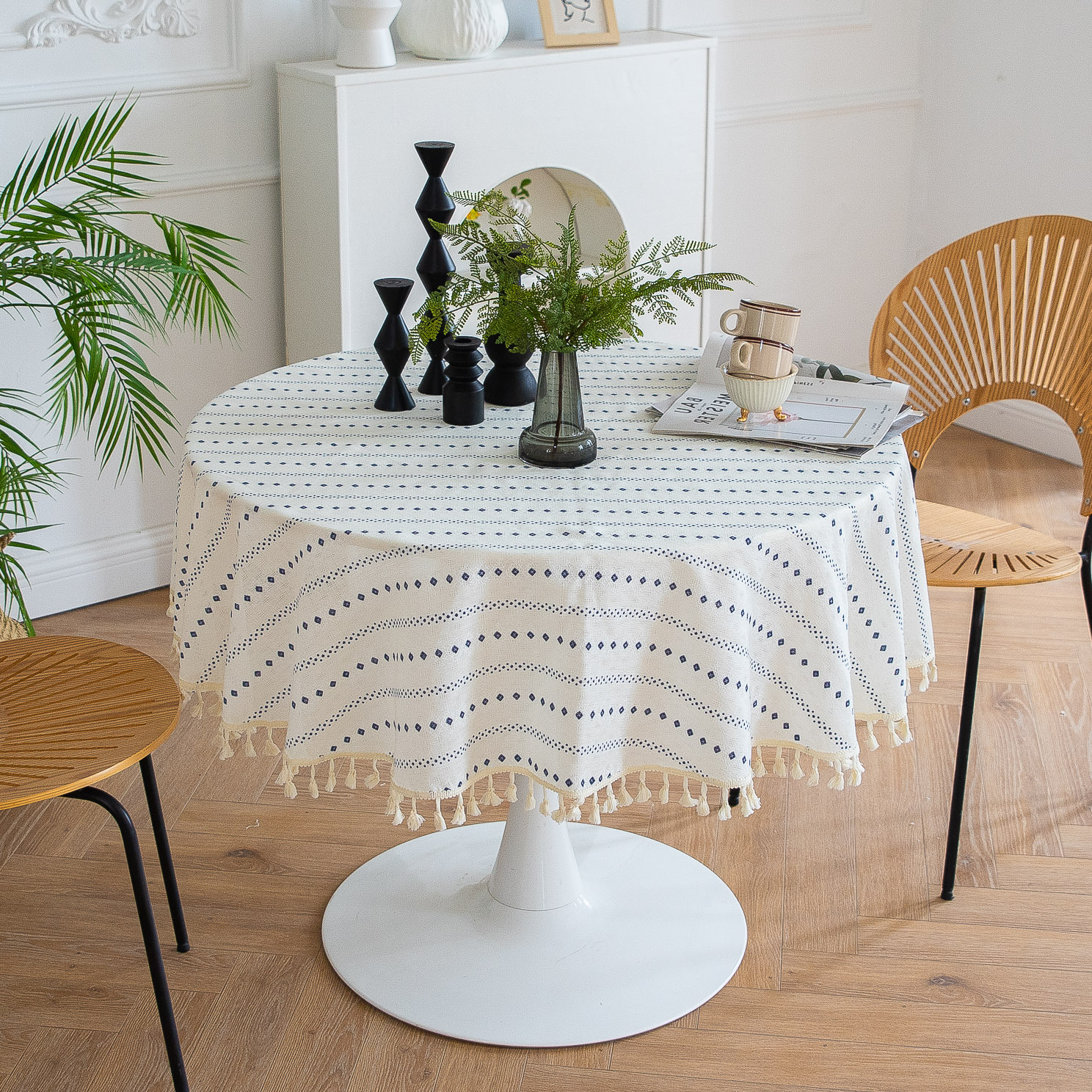Cross-border Amazon Japanese plain tablecloth, Japanese fresh and light blue striped pure cotton and linen tablecloth and desk cover pic 3