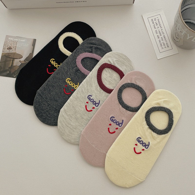 袜子女 春夏款刺绣笑脸字母精梳棉不掉跟时尚潮流ins可爱隐形船袜详情2